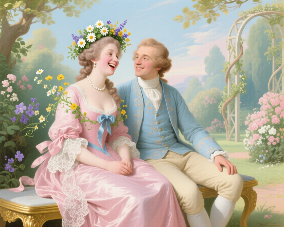 A lady laughing as her companion crowns her with wildflowers  