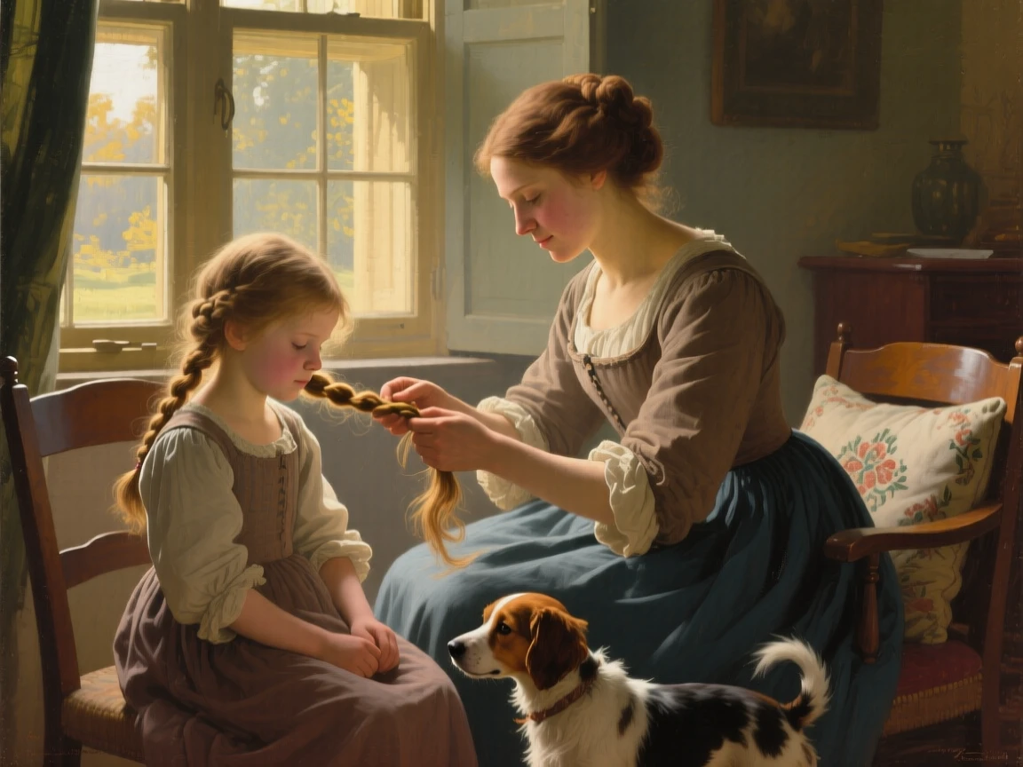 A mother braiding her daughter's hair by a sunlit window at the exact instant a memory is quietly being made, set within a cozy home lit by late afternoon sun, with a family pet weaving happily between the figures; a soft, blurred background keeps the emotional connection in sharp focus, evoking pure, unguarded tenderness and love.