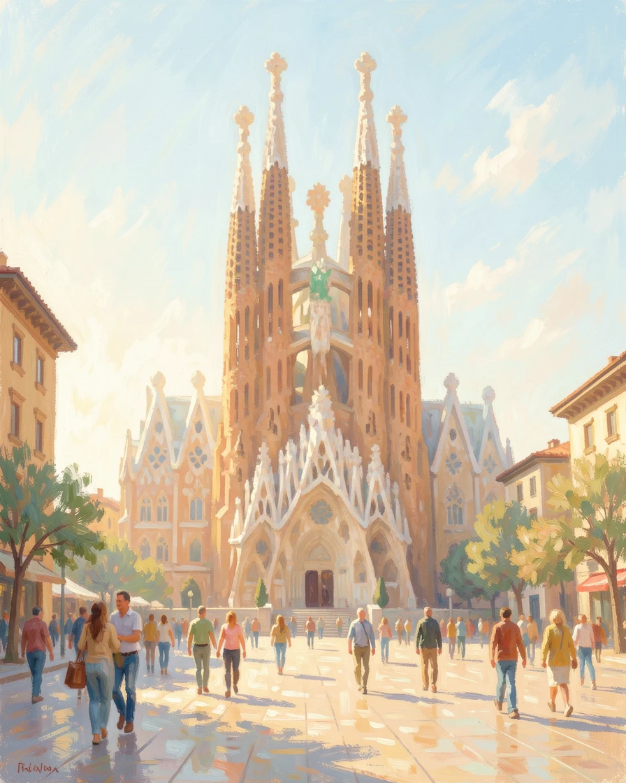 The dramatic spires of Sagrada Familia rising above a sunlit Barcelona plaza filled with strolling visitors.