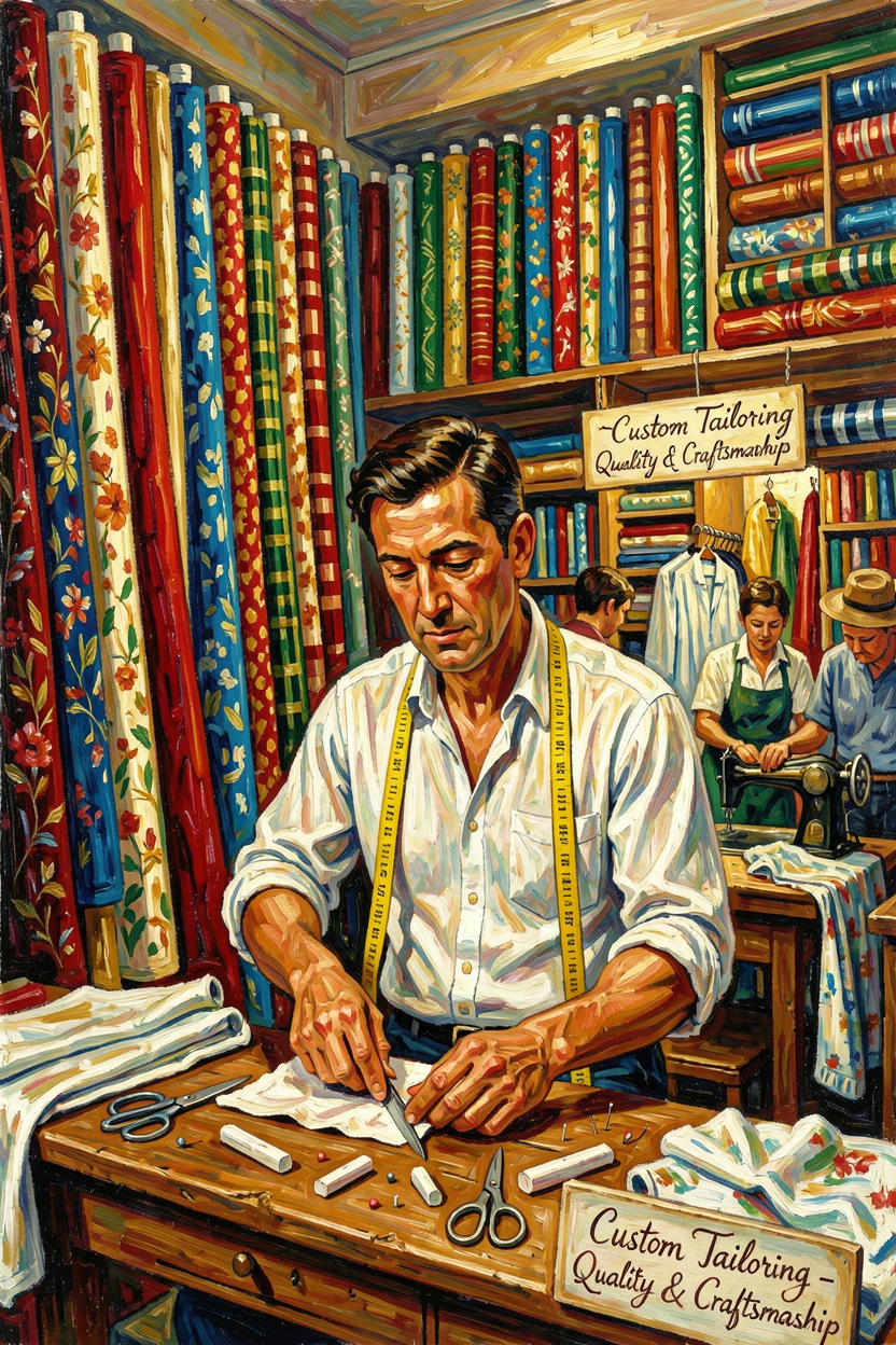 A busy tailor's shop with bolts of fabric stacked to the ceiling and measuring tape draped over shoulders.