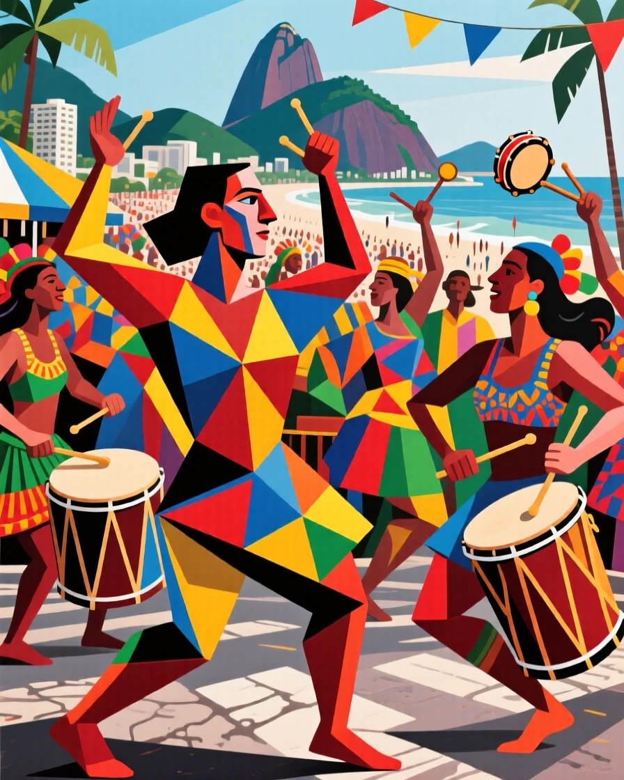 A vibrant street festival in Rio de Janeiro filled with dancers in colorful costumes.