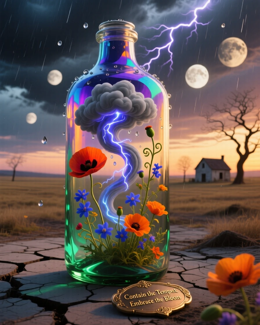 An enormous glass bottle containing a miniature swirling storm casts a long shadow across the empty countryside at dusk, while wildflowers push up through cracks along its surface.