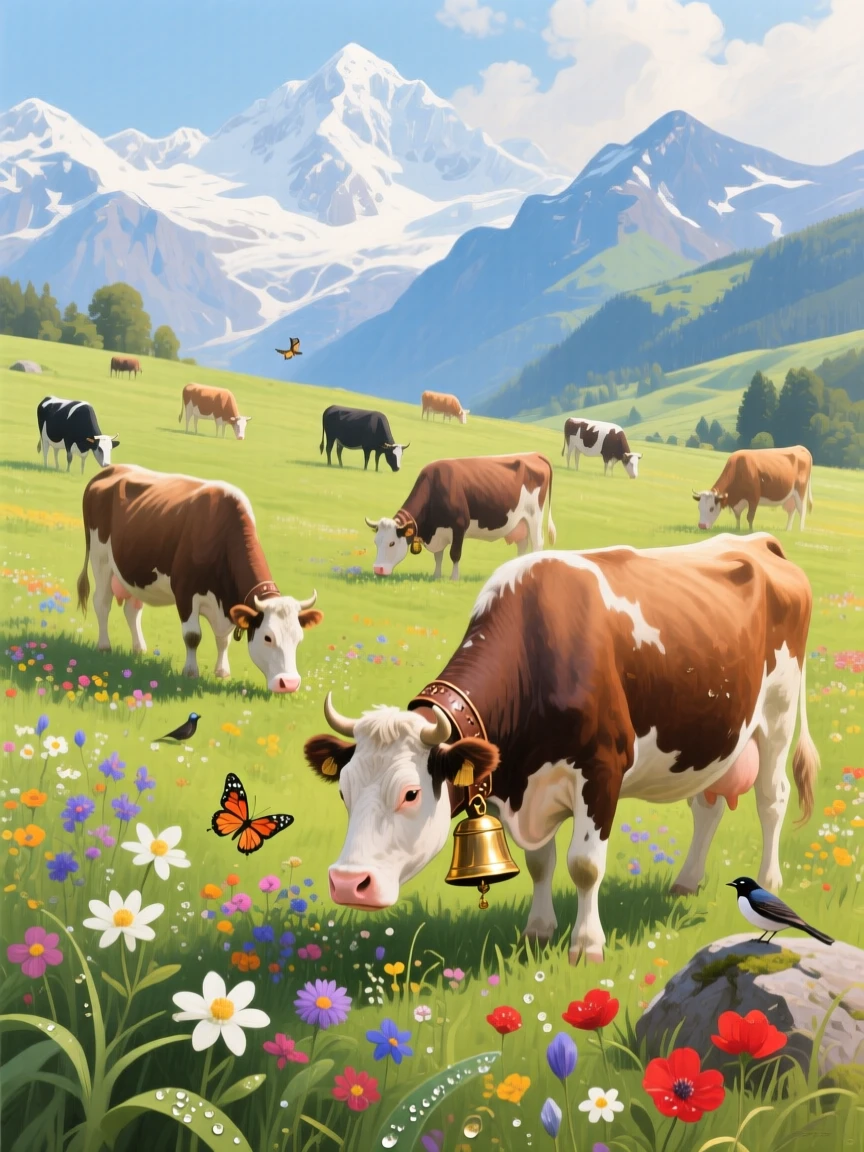 A herd of dairy cows grazes in a lush Swiss alpine pasture, bells clanging softly as they move between wildflowers beneath distant snowy peaks, small details in its fur or feathers catching the light with remarkable clarity.