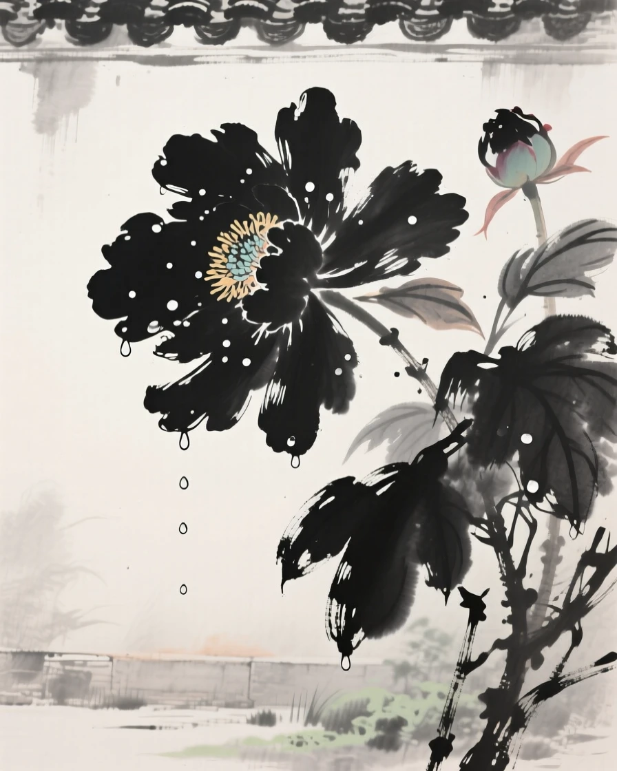 Large peony blossoms droop heavily under the weight of morning dew, with a garden wall visible in the soft background.
