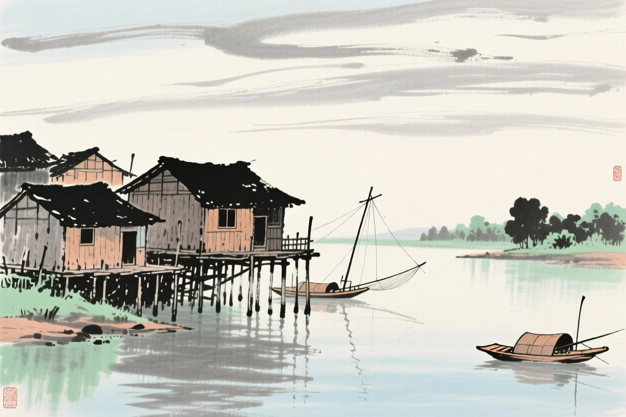 A fishing village of stilted houses along a quiet estuary, under a sky streaked with clouds, carrying a mood of wistful nostalgia.