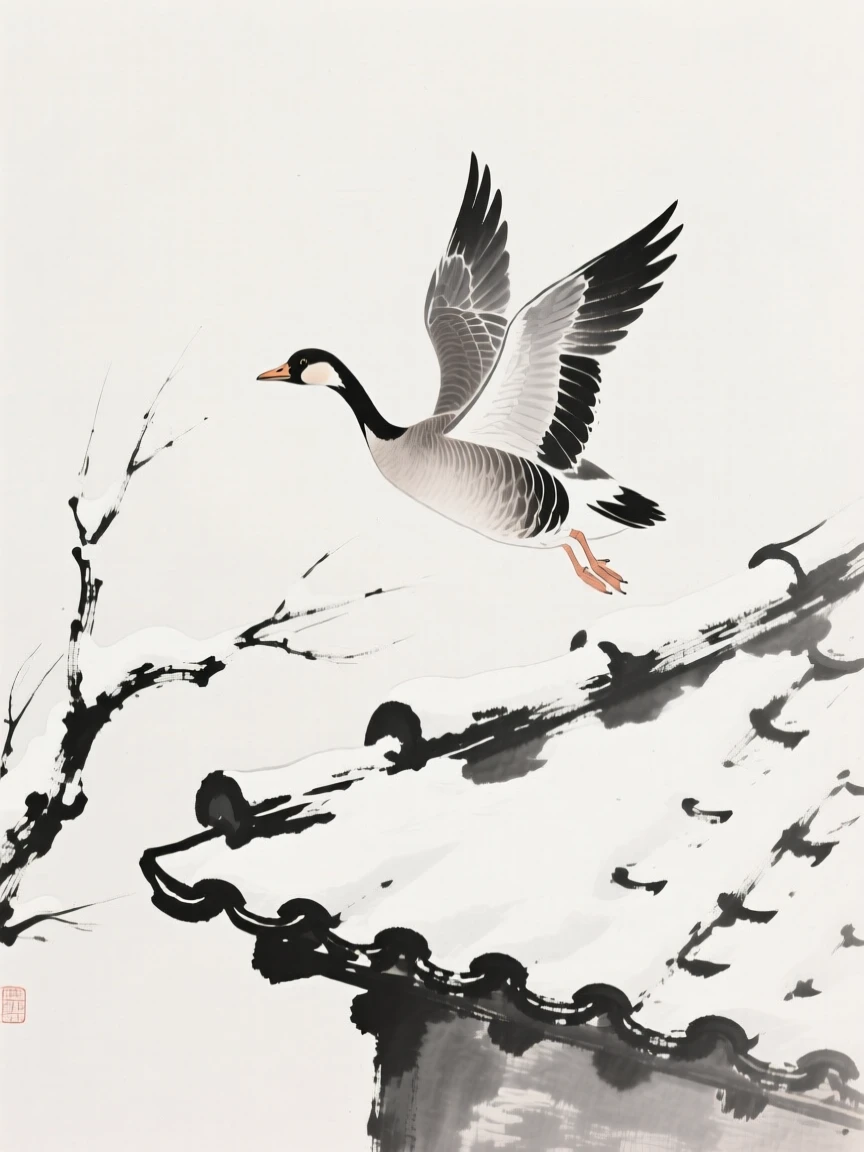 A wild goose landing gently on a rooftop tile beside a snow-covered branch, positioned in one corner, leaving airy negative space, carrying a quiet, poetic stillness.