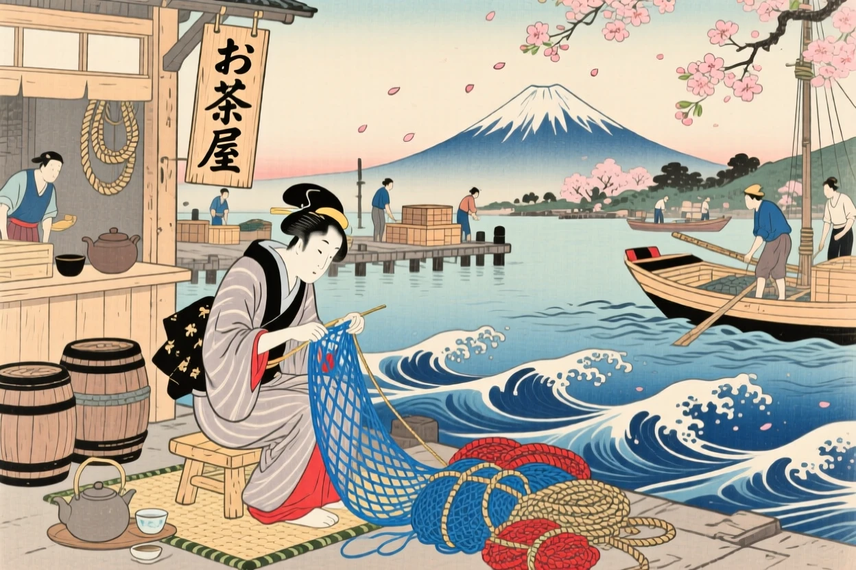 A tea shop owner mending nets together on a busy harbor dock.