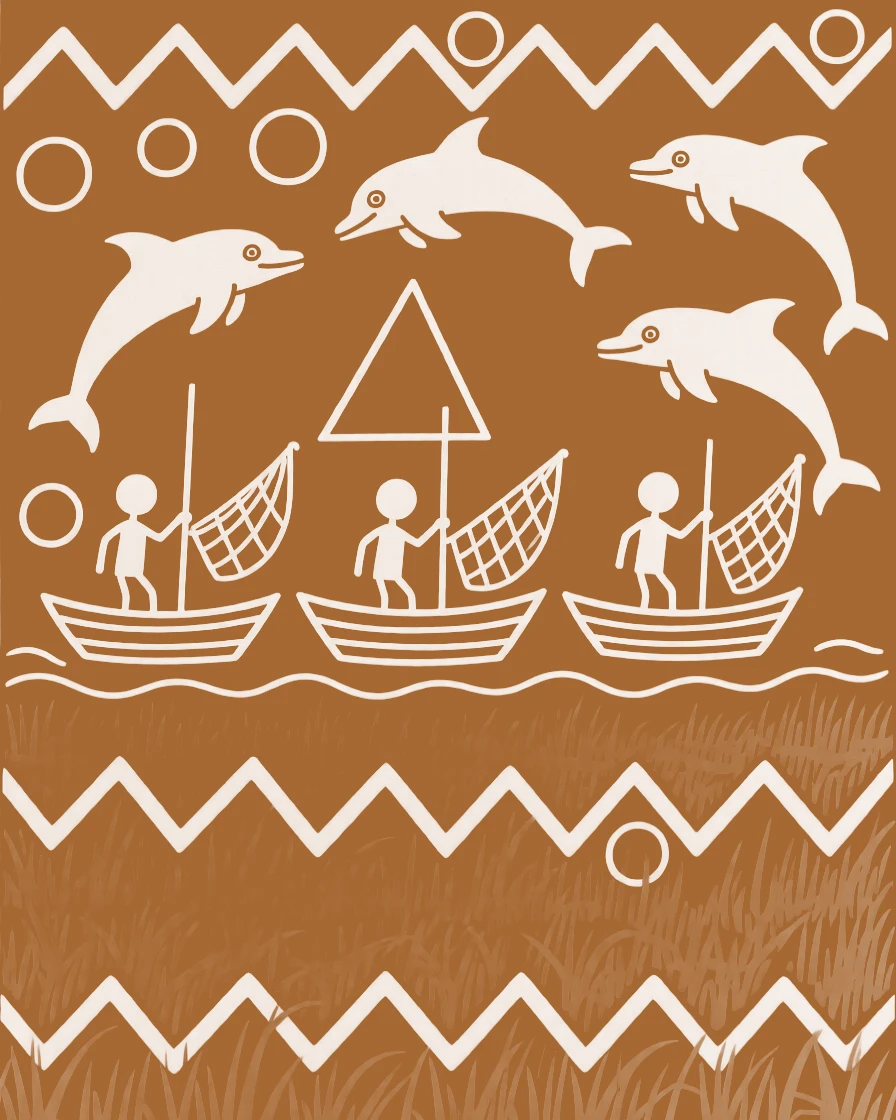 A group of fishermen's boats surrounded by dolphins wandering across an open grassland.