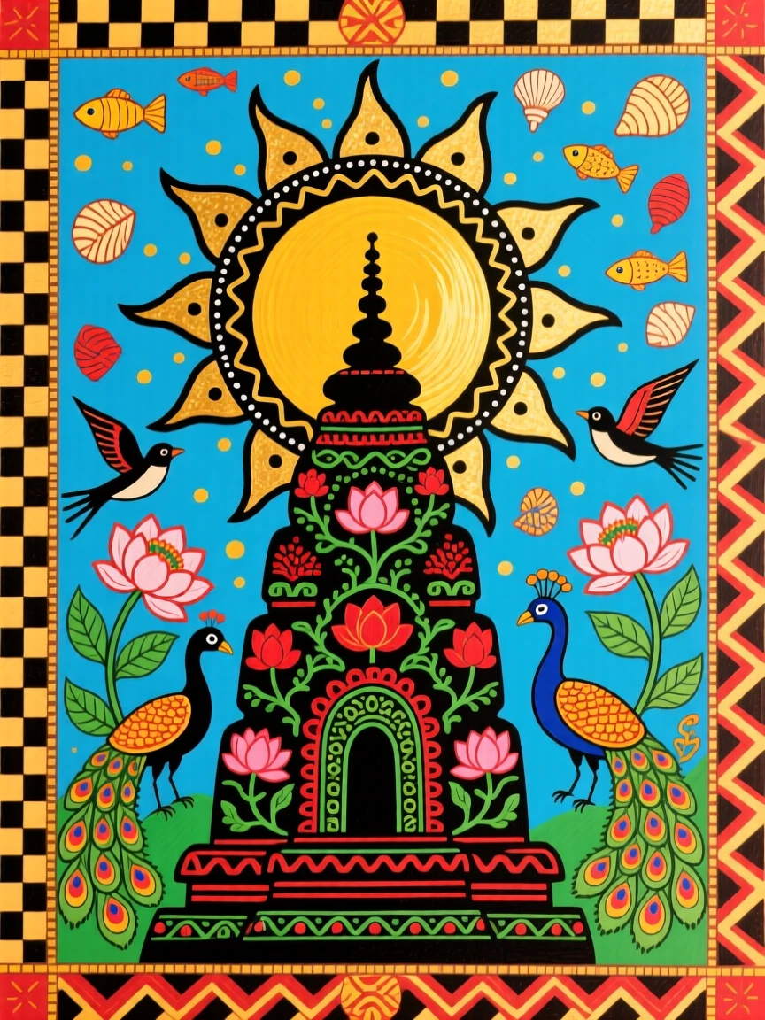 A golden sun rising behind the silhouette of temple spires.