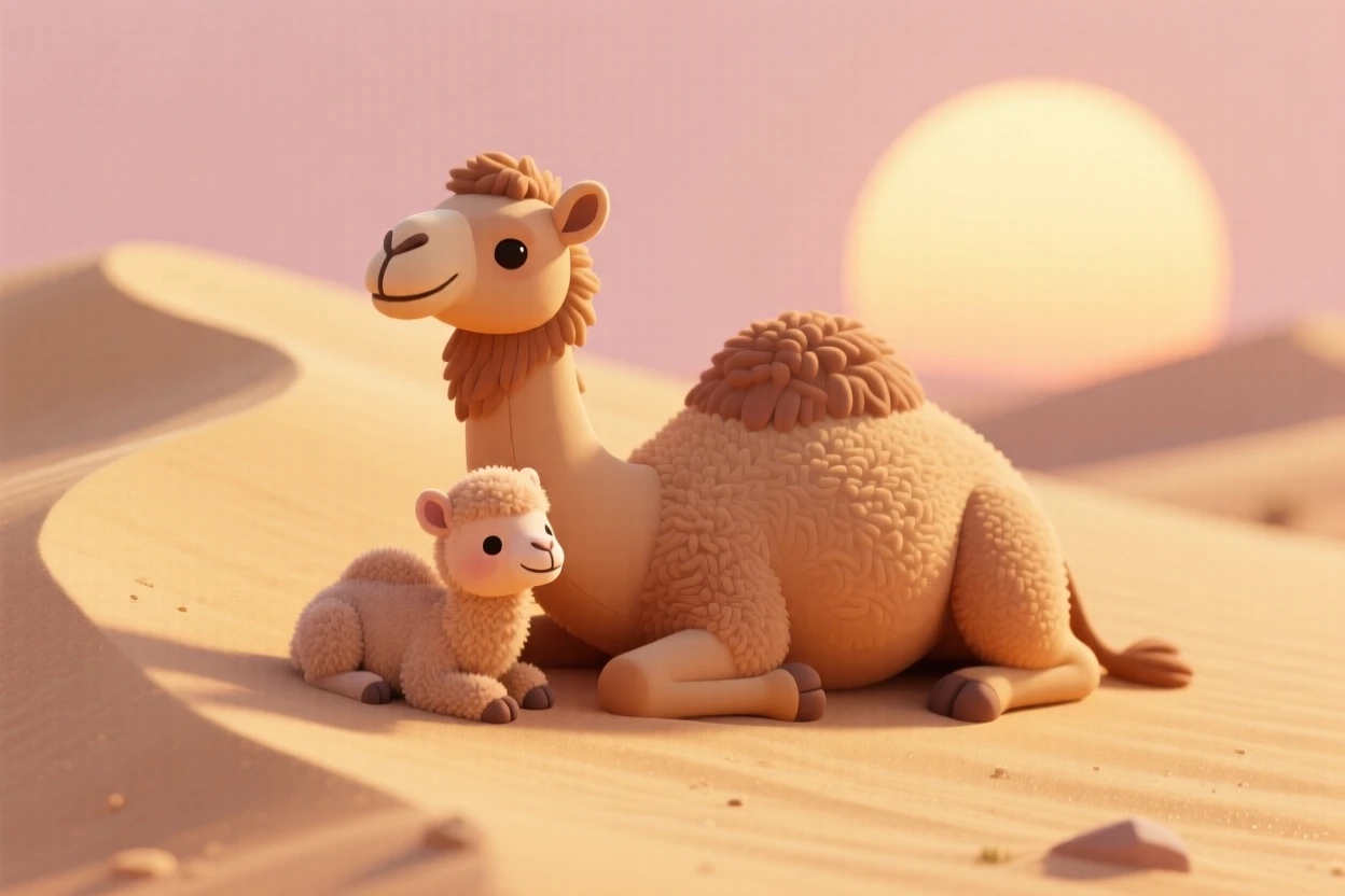 A fluffy baby camel resting beside its mother in a golden desert dune, the sun setting warmly behind them.