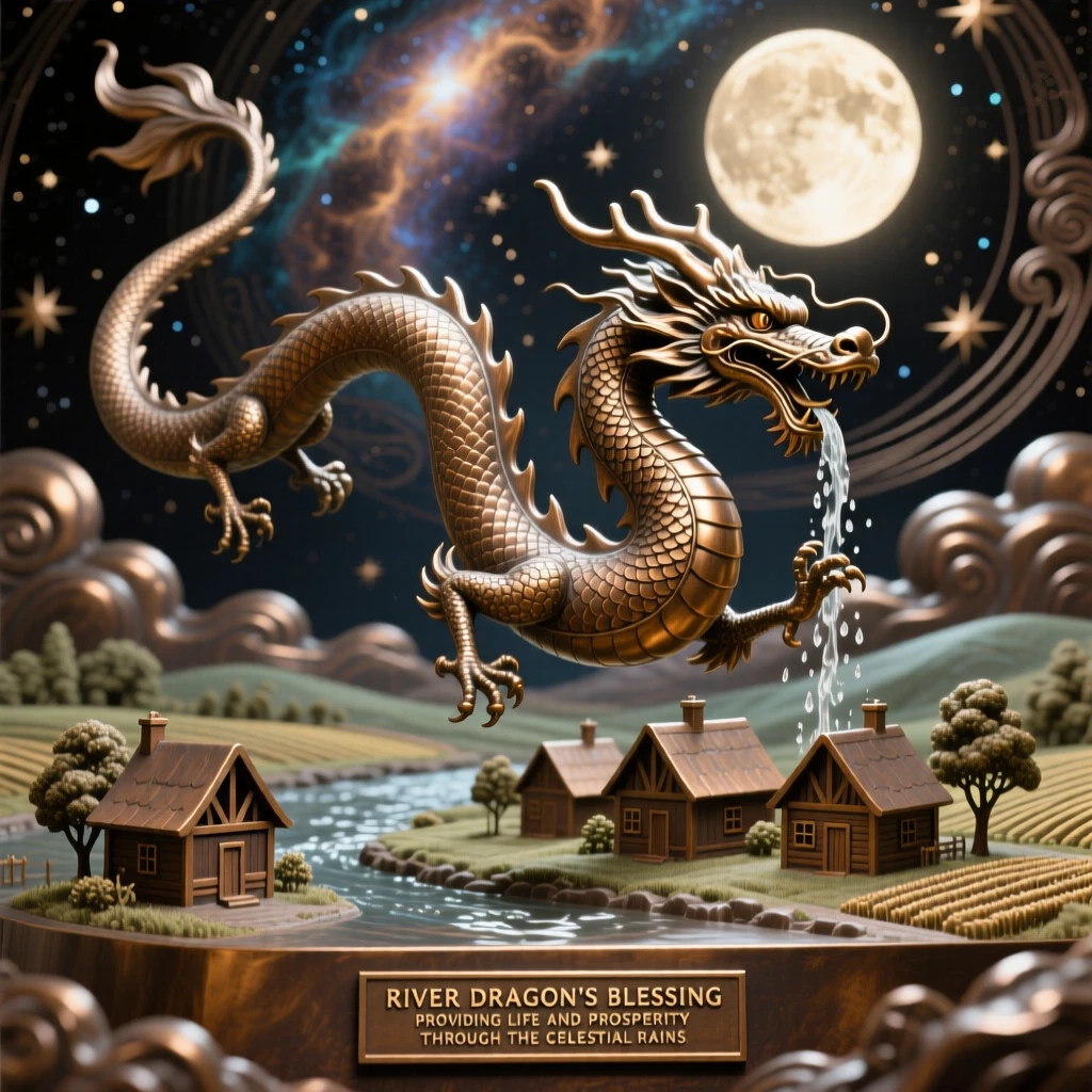 A river dragon blessing a village with rain, set against a vast celestial backdrop, radiating awe and grandeur