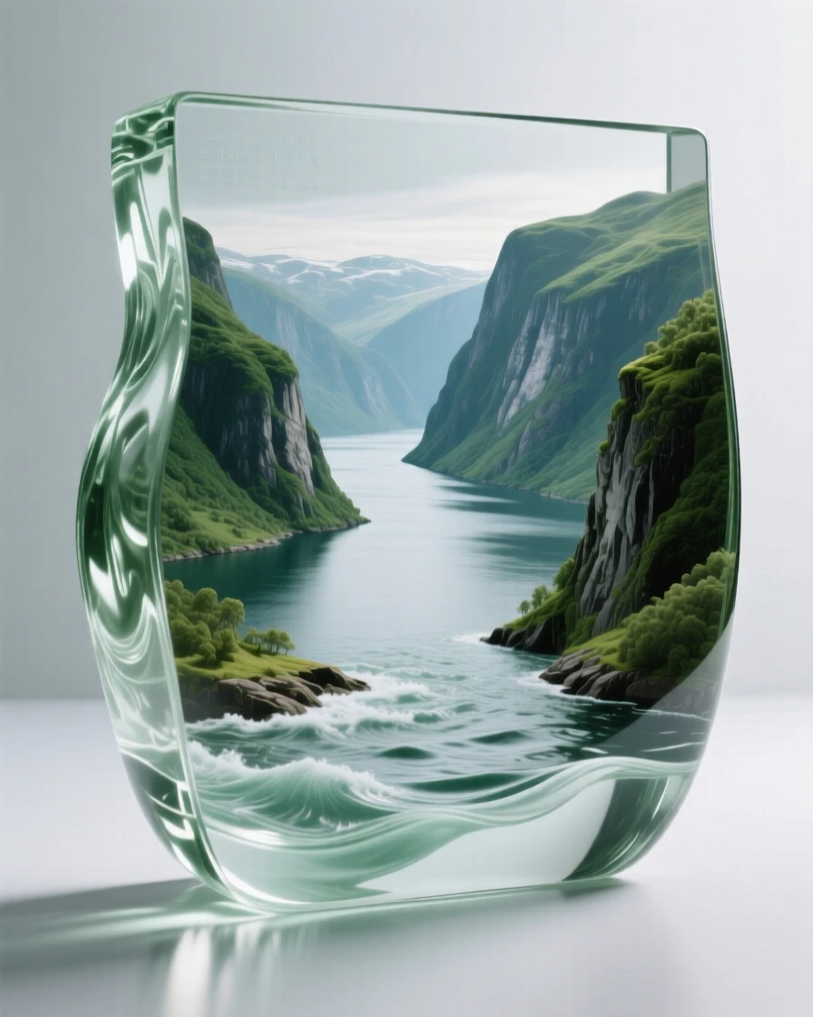 A fjord surrounded by steep green cliffs under a dramatic sky with shifting clouds, wide panoramic composition, feeling expansive and awe-inspiring.