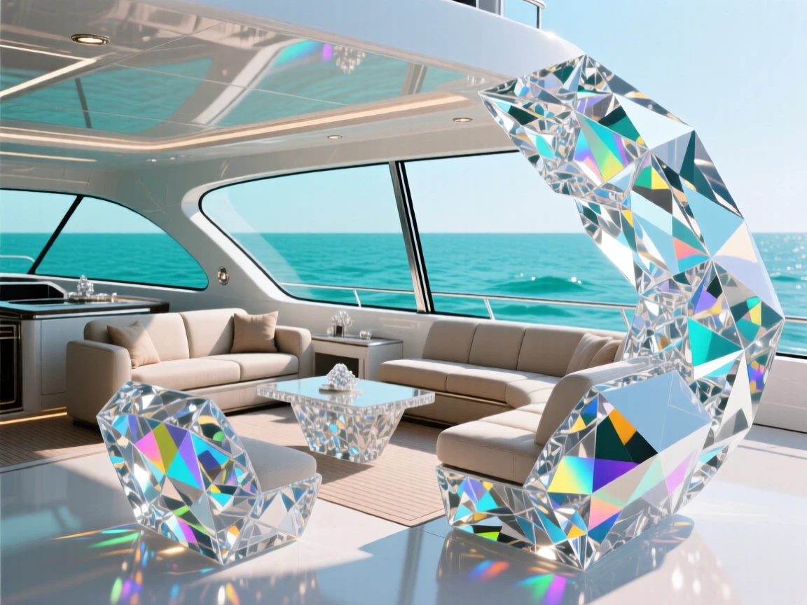 A luxurious yacht interior with panoramic windows overlooking a turquoise sea.