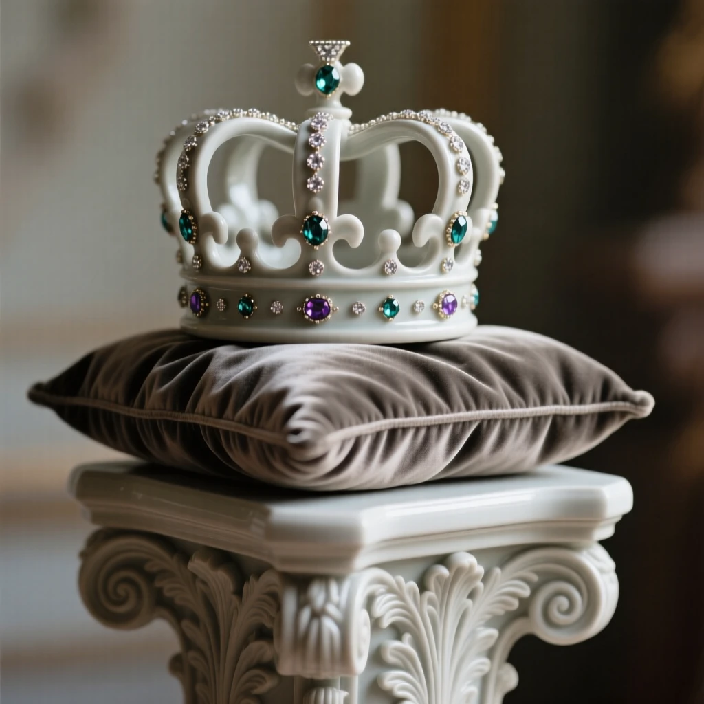 A jeweled crown resting on a velvet cushion posed elegantly atop a decorative pedestal, catching soft light along smooth curved surfaces, stirring a sense of understated opulence.
