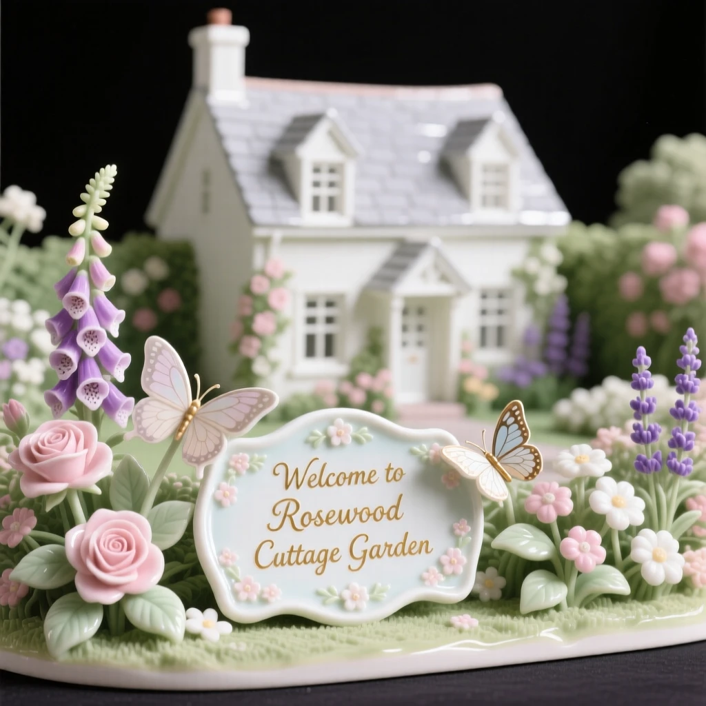 A sprawling English cottage garden in full bloom, dotted with fluttering butterflies.