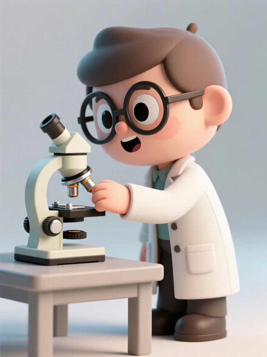 A determined scientist adjusts the focus on a microscope, eyes wide with the thrill of discovery.