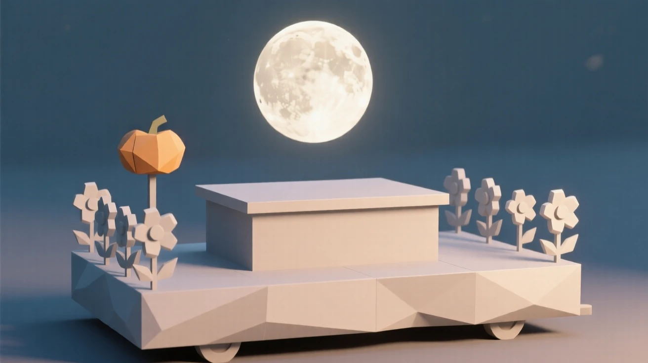 A festive parade float decorated with colorful flowers, beneath a full harvest moon. soft light and gentle shadows add depth to the scene. The mood feels cozy and nostalgic.