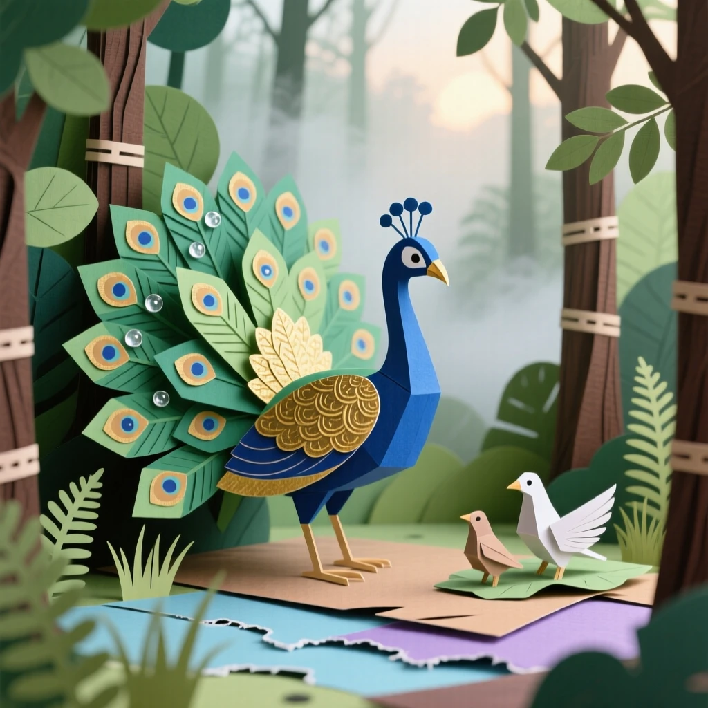 A regal peacock exploring a misty forest at dawn, with dew glistening on nearby leaves, evoking tenderness and family bonds.