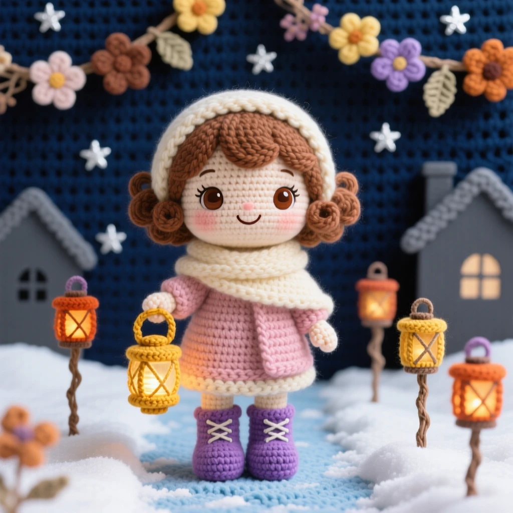 a little girl with a lantern during a winter festival, wrapped in a warm shawl, walking through a snow-lined path of lanterns, set in a starry night sky above a quiet neighborhood, with a garland of dried flowers, full of nostalgic, storybook seasonal charm.