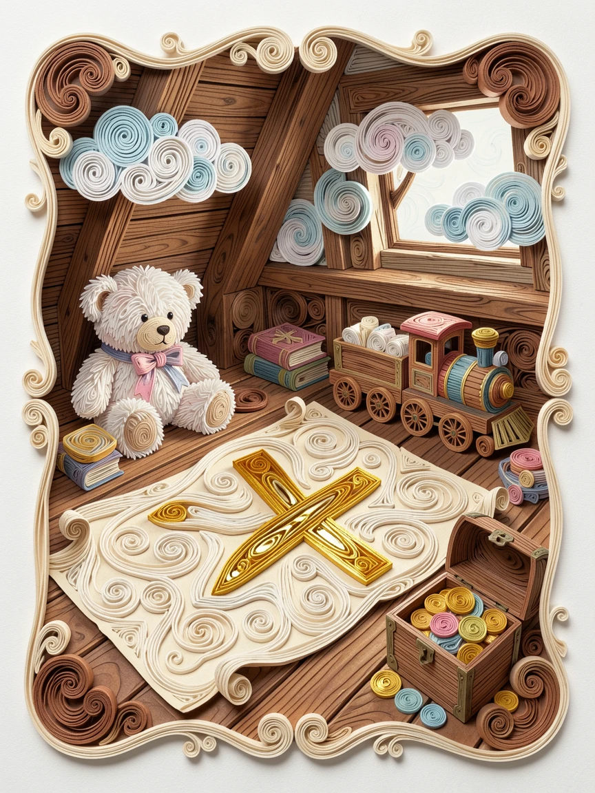A whimsical children's scene of a child's treasure map leading to an X marked in gold in a cozy attic filled with childhood treasures, with soft fluffy clouds drifting by, framed with a whimsical storybook illustration feel.
