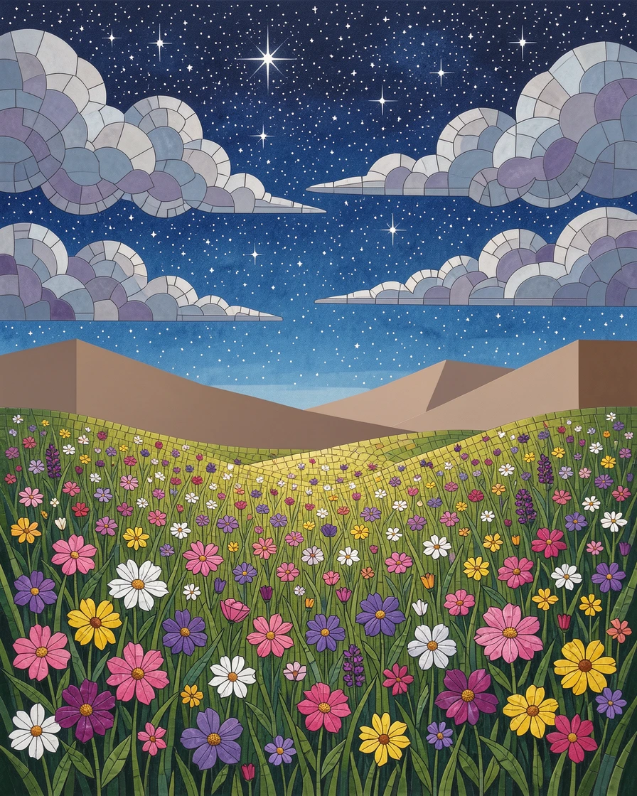 A wide panoramic view of a quiet meadow filled with wildflowers beneath a sky full of stars, with dramatic clouds and rich natural color.