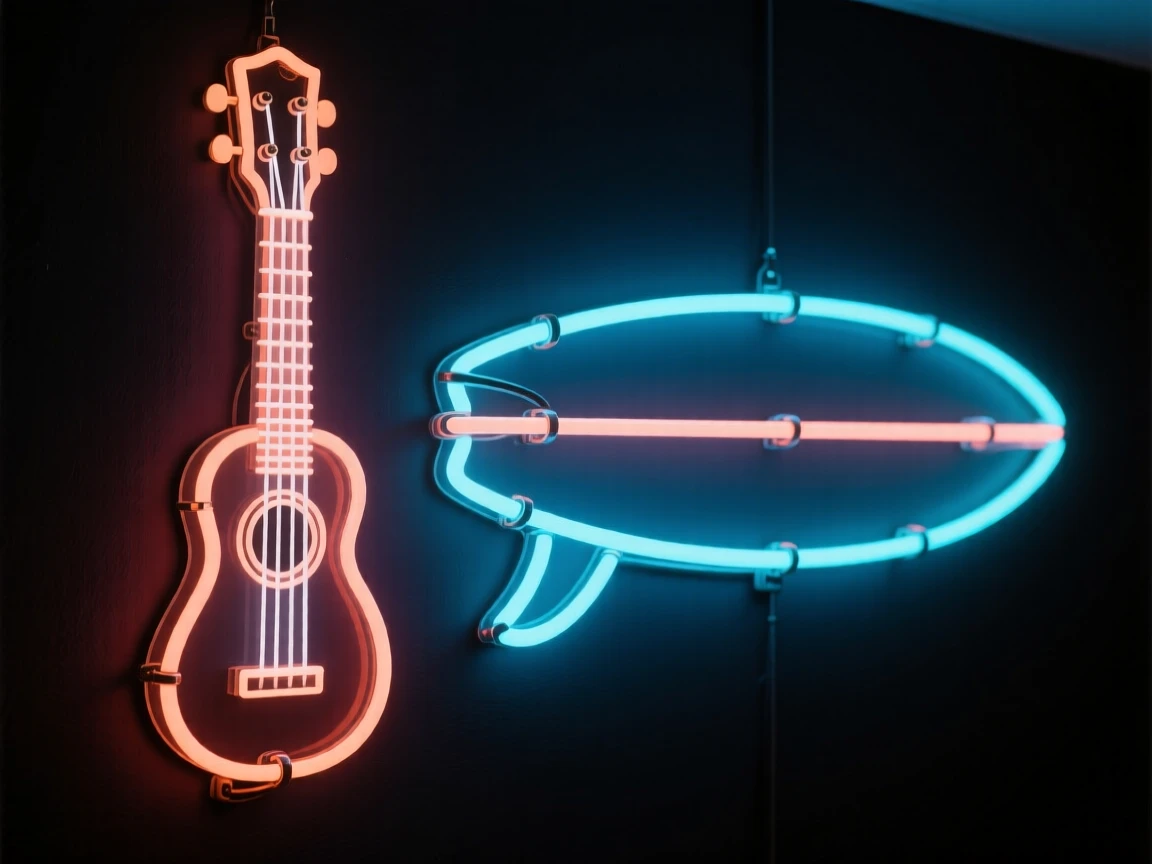 A ukulele hanging on a wall beside a surfboard.