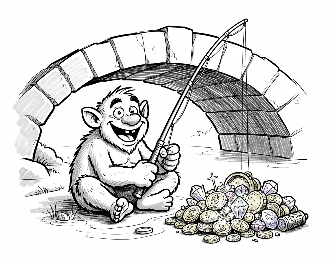A friendly troll fishing under a stone bridge beside a hoard of glittering treasure.