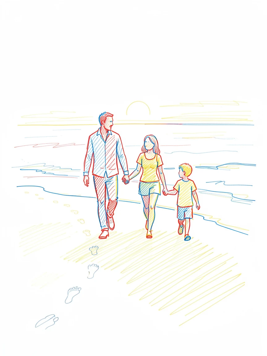A family walking along the beach at sunset, footprints trailing behind