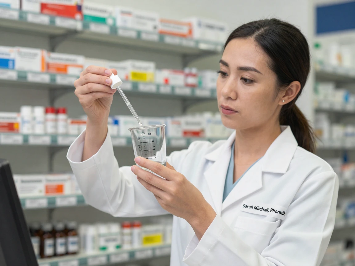 A pharmacist carefully measuring medication