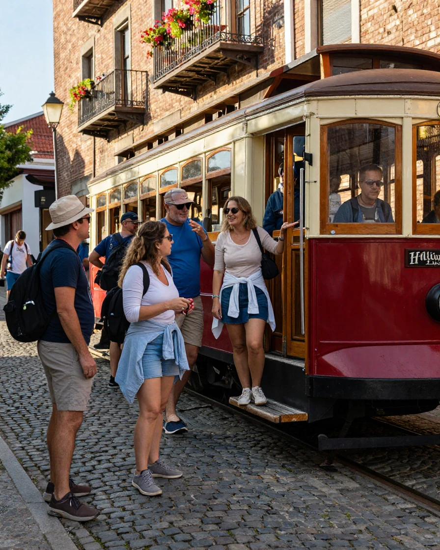 A group of tourists boards a vintage tram climbing a steep cobblestone street.