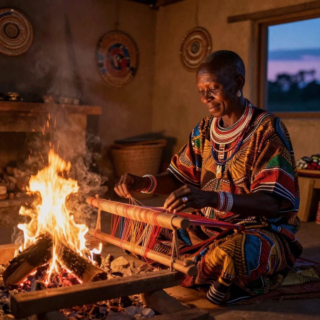 A middle-aged Kenyan weaver humming a gentle tune while working beside a crackling fireplace at dusk