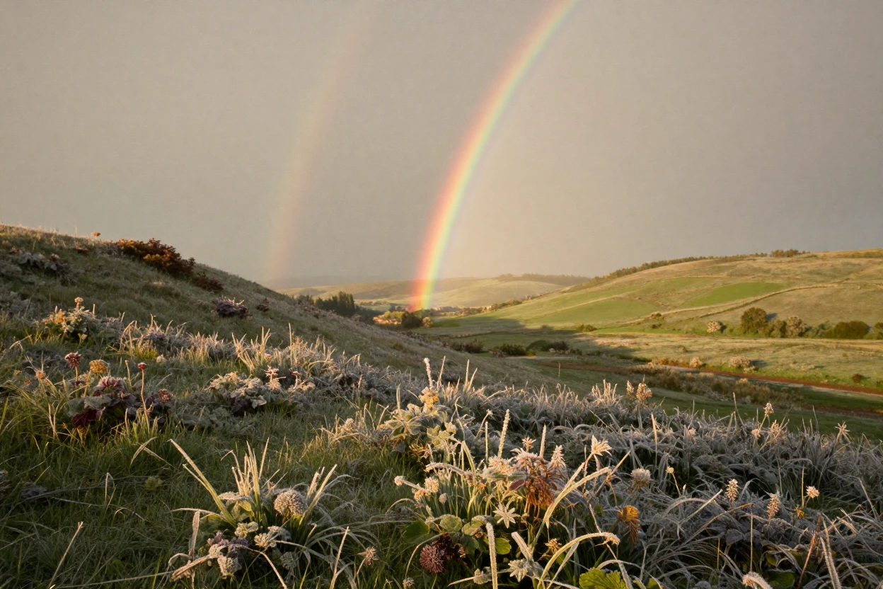 A double rainbow arcing over a quiet green valley after a storm, under soft golden-hour light, with frost coating every surface, in the height of summer, with rich burgundy and gold accents, shot from directly overhead.