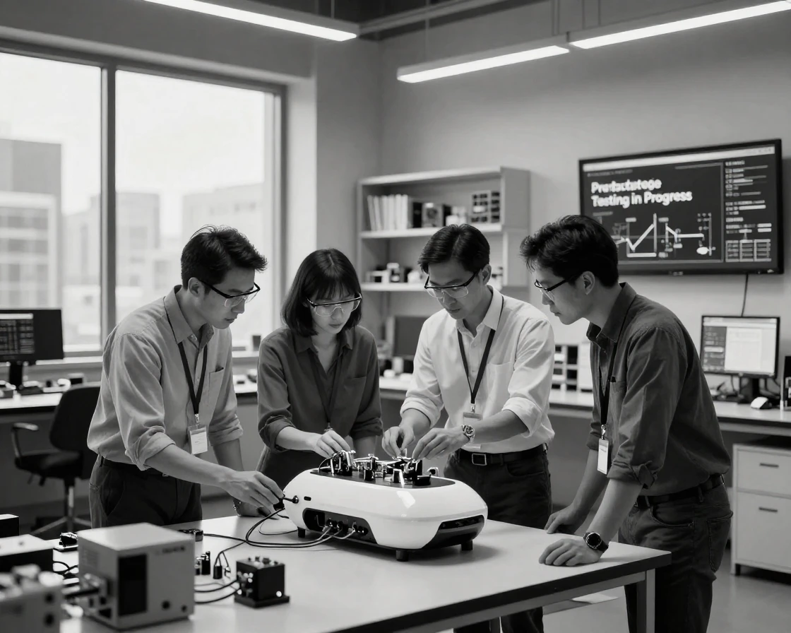 A team of engineers tests a new prototype device in a modern tech lab.