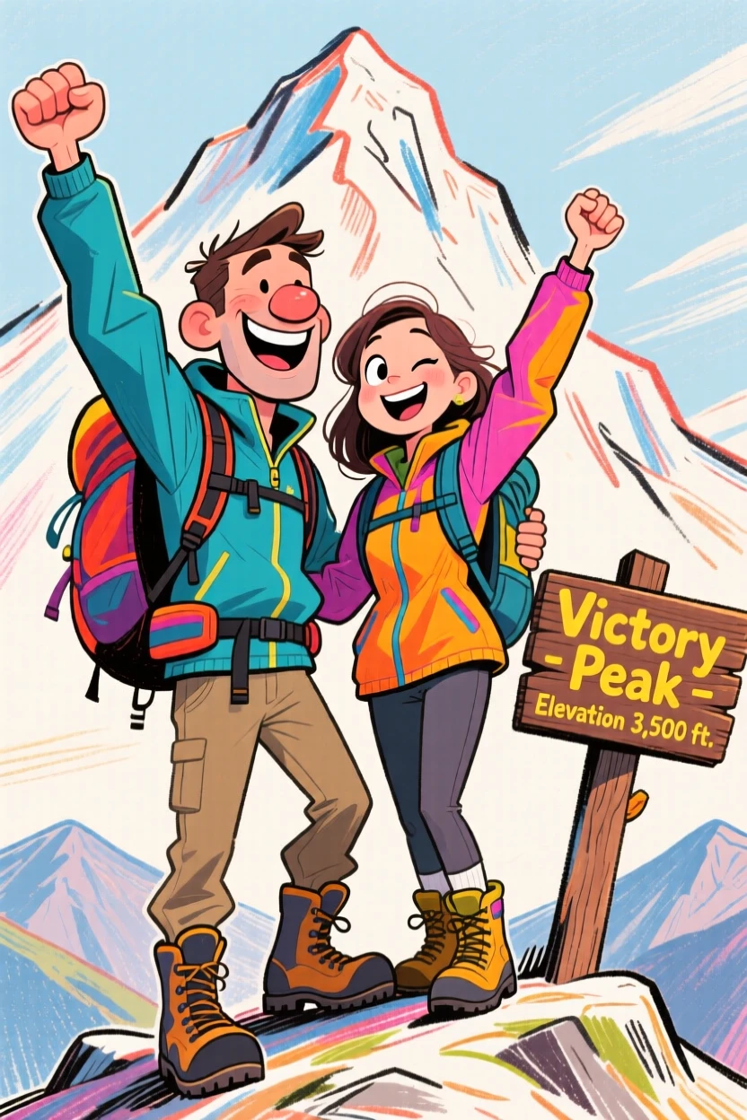A couple hiking to the summit together, arms raised in victory at the top.