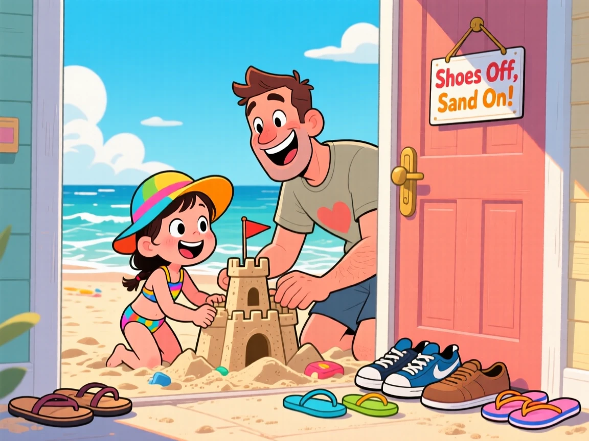 A heartwarming scene of a father and his daughter building a sandcastle together at the beach, with everyone's shoes kicked off by the door.
