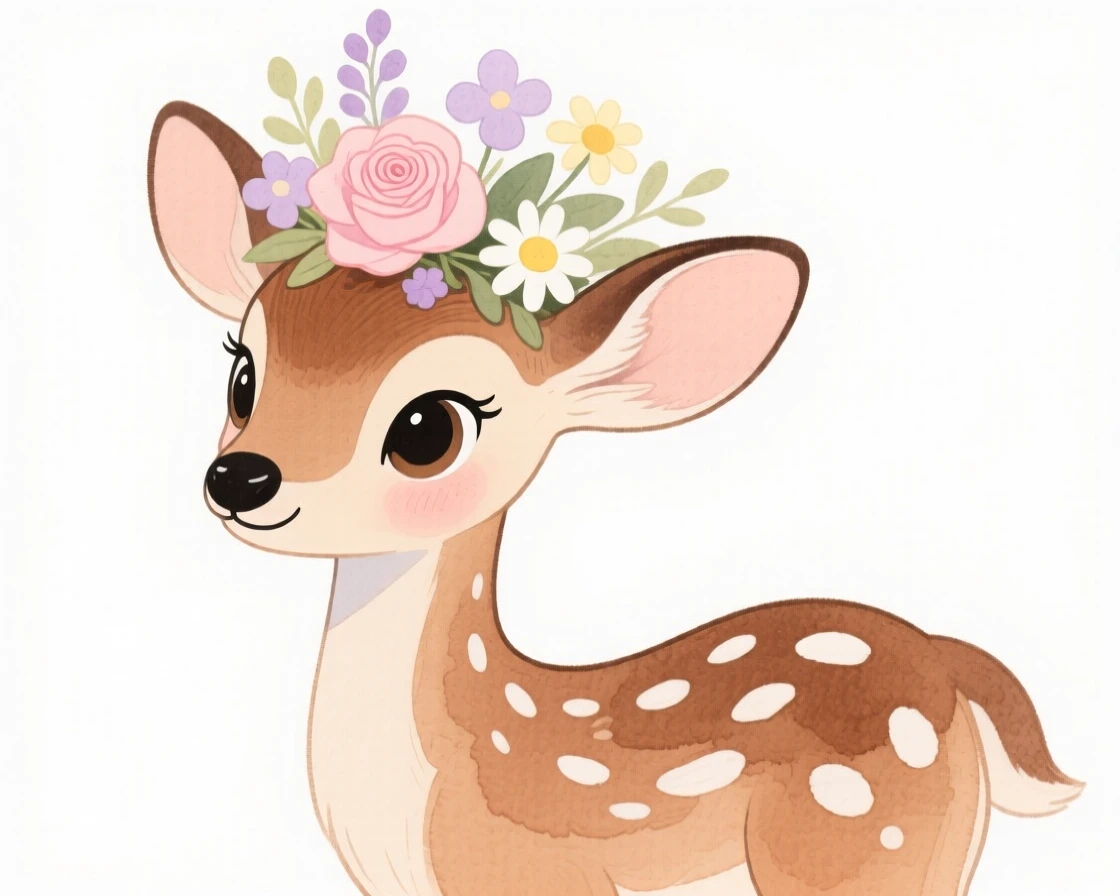 A spotted fawn wearing a flower crown