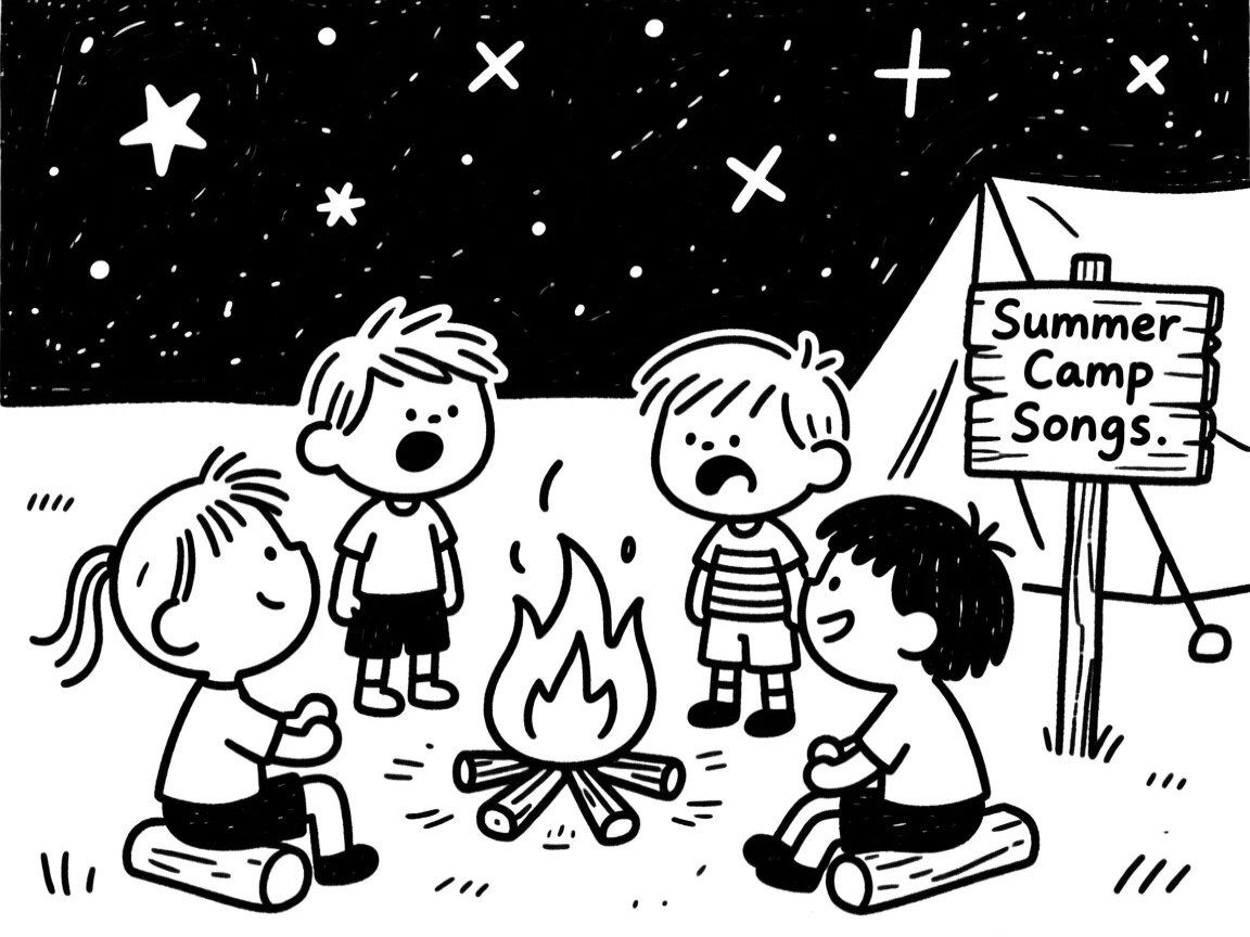 A summer camp scene with kids around a campfire singing songs under the stars.