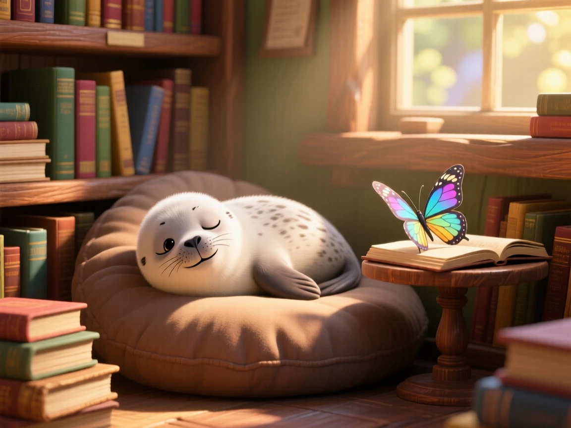 A baby seal pup is exploring a cozy bookshop nook, blinking sleepily at the camera. A quiet, comforting sweetness surrounds the scene, with a small butterfly resting nearby.