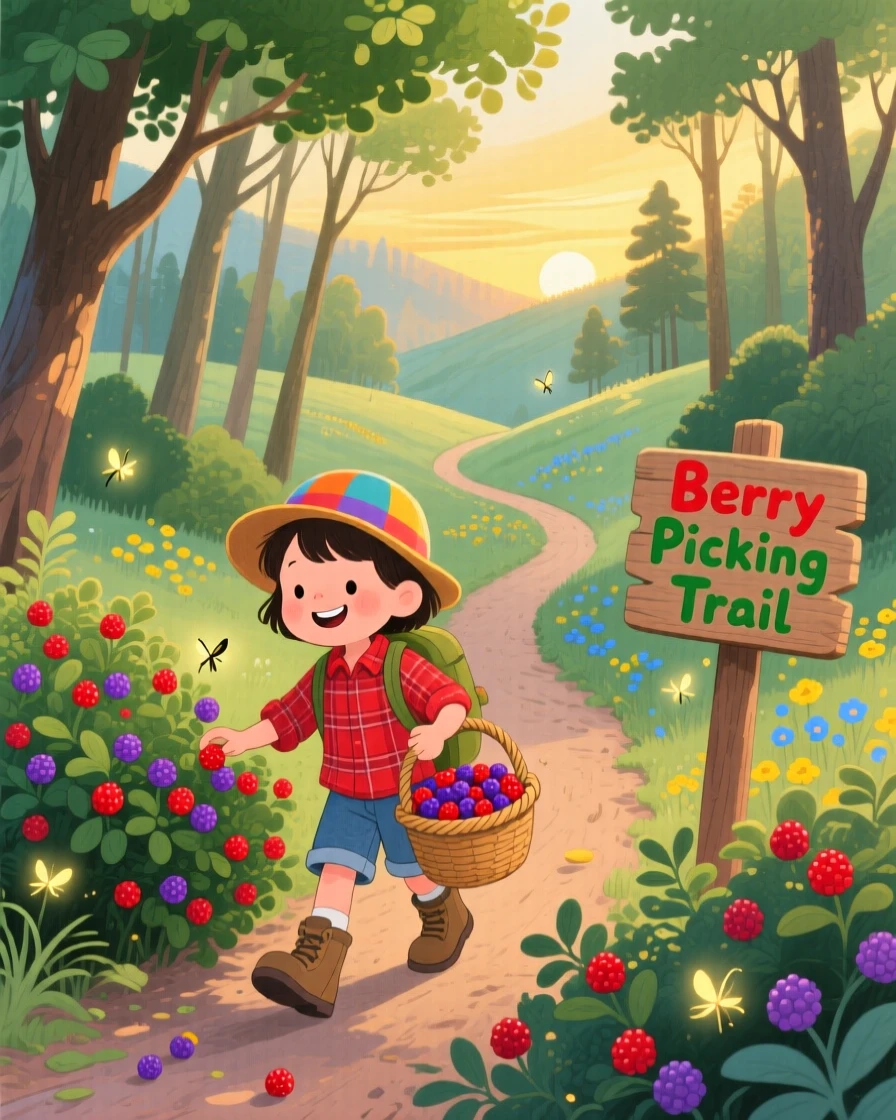 A curious camper spends the day picking wild berries along a sunny trail through a winding forest path, as fireflies begin to appear at dusk.