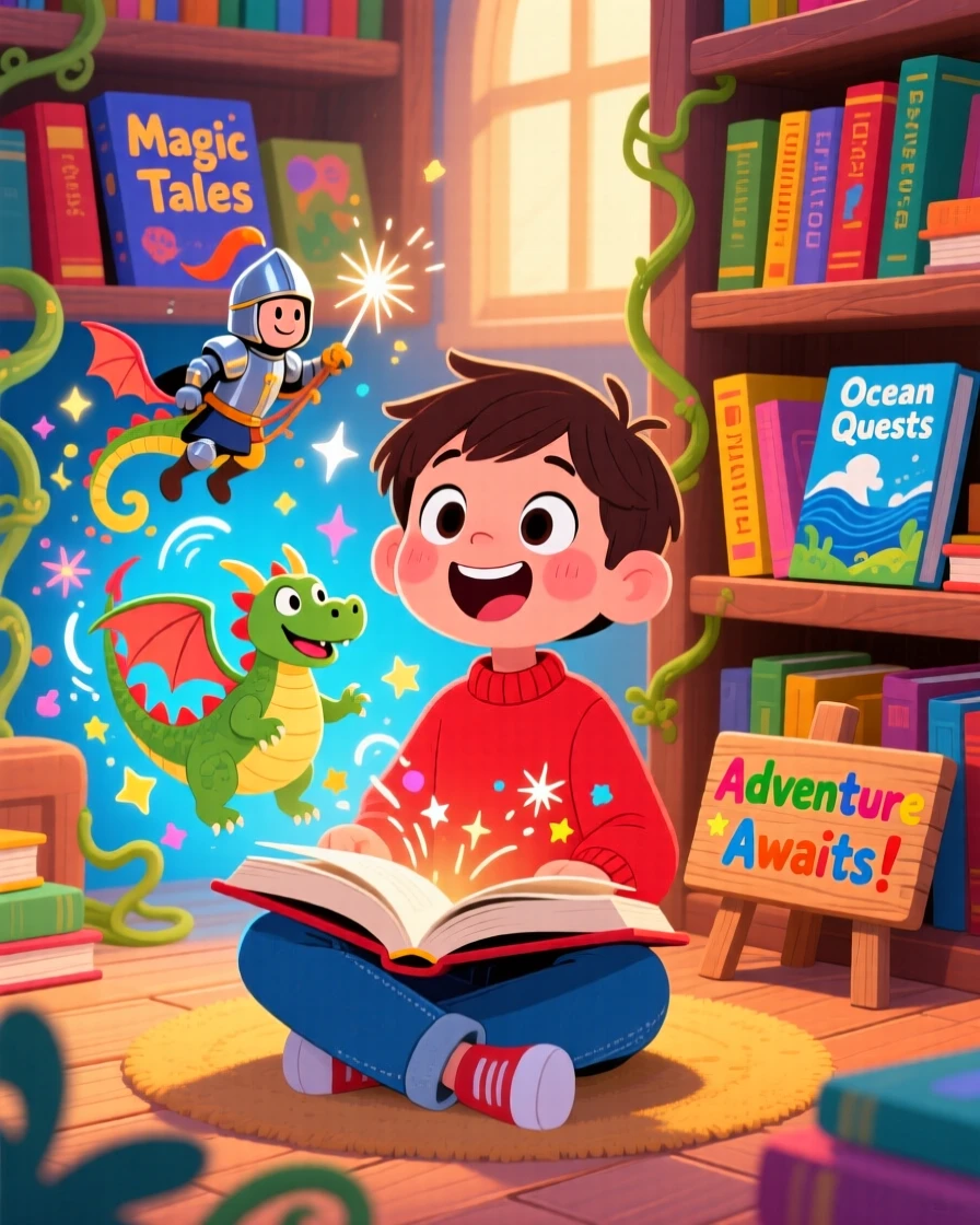A child picturing a world where books open into real adventures.