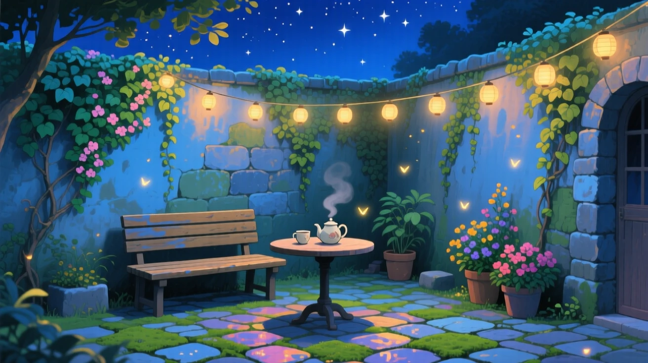 A nighttime scene of a quiet courtyard lit by strings of glowing lights, softly glowing with warmth.