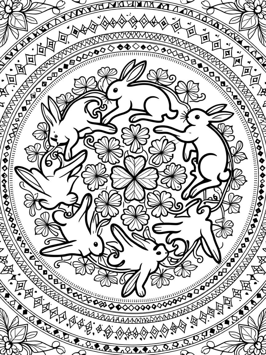 A mandala built from a ring of interlocking rabbits and clover leaves.