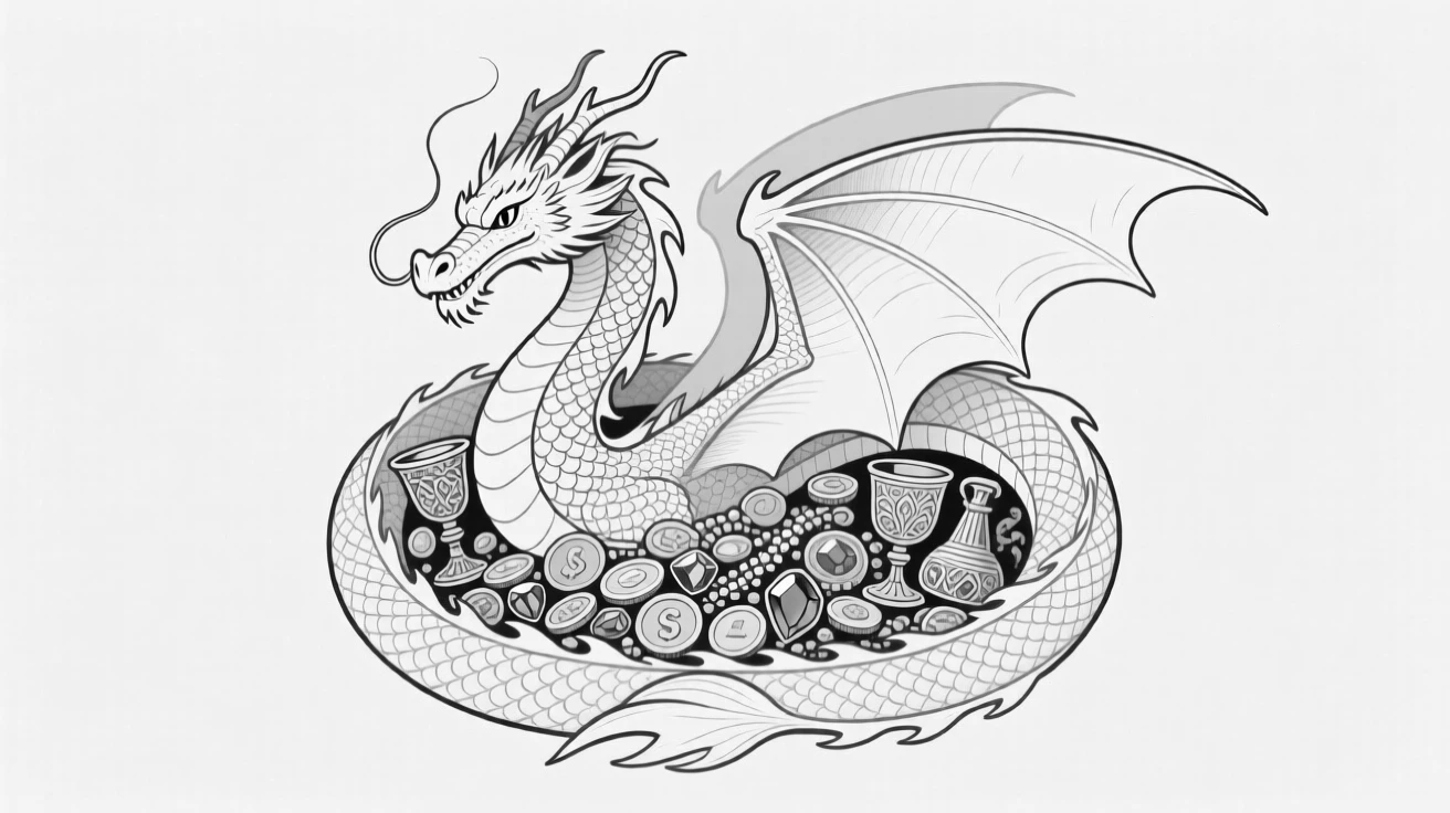 A dragon curled protectively around a hoard of treasure