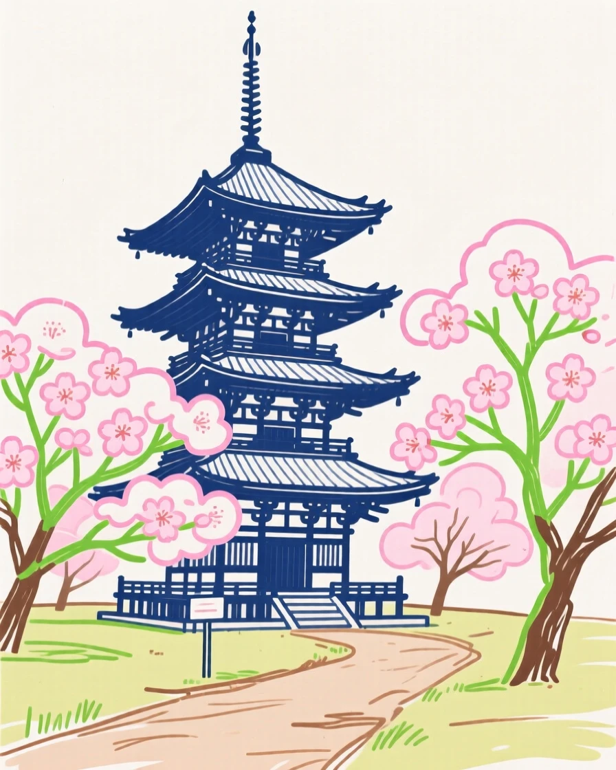 A traditional Japanese pagoda surrounded by blossoming cherry trees.