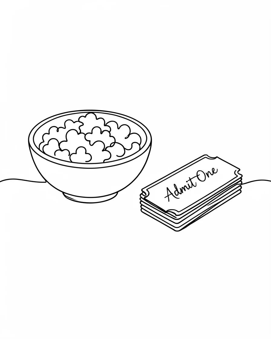 A bowl of fresh popcorn beside a stack of movie tickets on a table