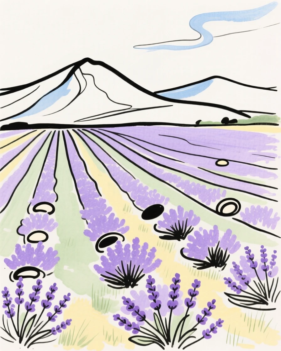 A lavender field beneath distant mountains
