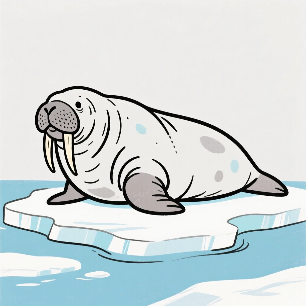 A walrus resting on an ice floe with its long tusks visible.