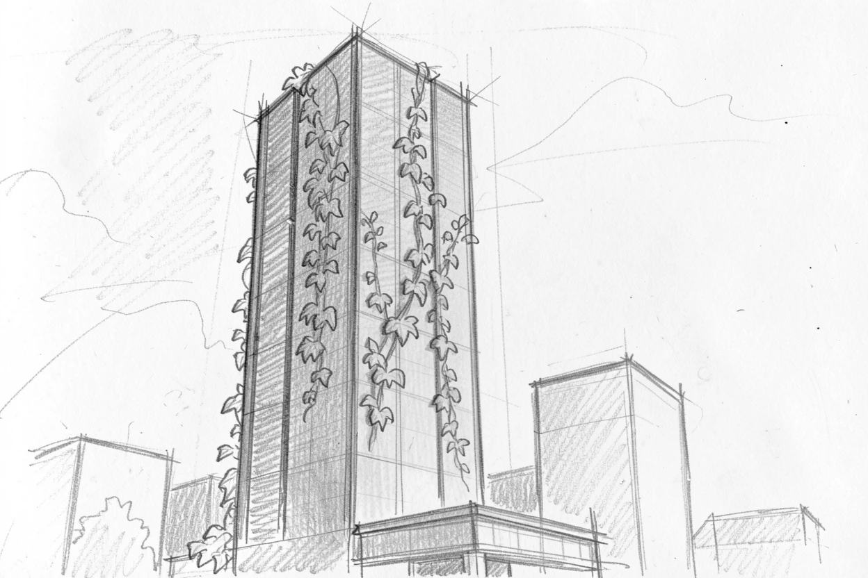A towering modern skyscraper at golden hour, with lush ivy climbing the walls.