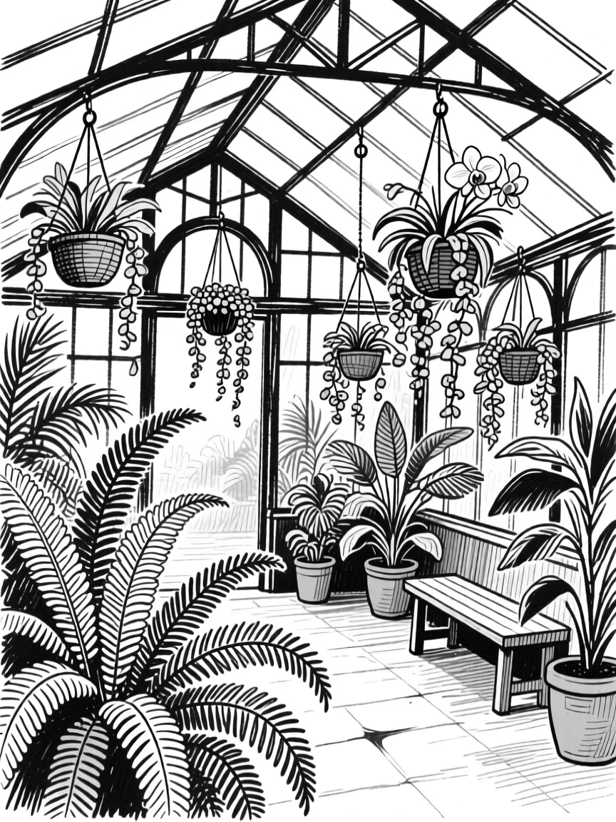 A charming greenhouse conservatory filled with tropical ferns and hanging baskets.