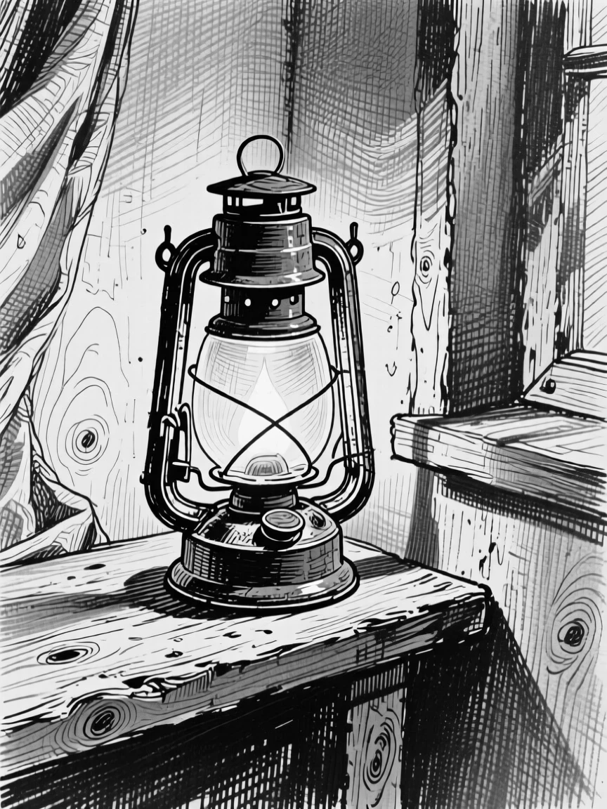 A lantern glowing softly tucked into the corner of a cozy room, with fine scratches telling of years of use, forming a gently sentimental still-life study.